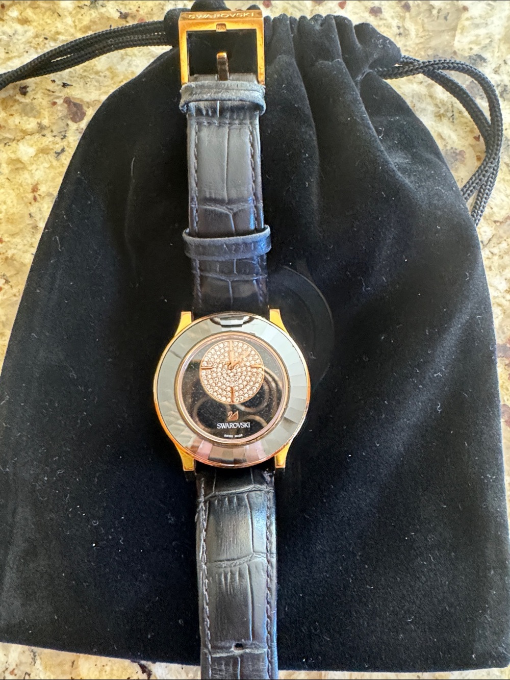 Swarovski Black Leather Strap Watch with Gold-Tone Crystal Dial New Battery